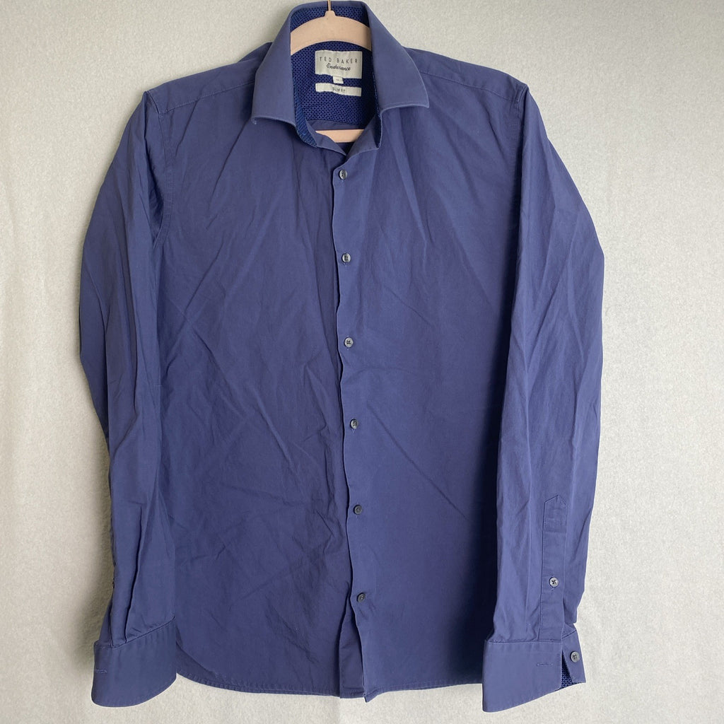 Ted Baker dark blue slim fit cotton dress shirt in size 15 with button-down collar