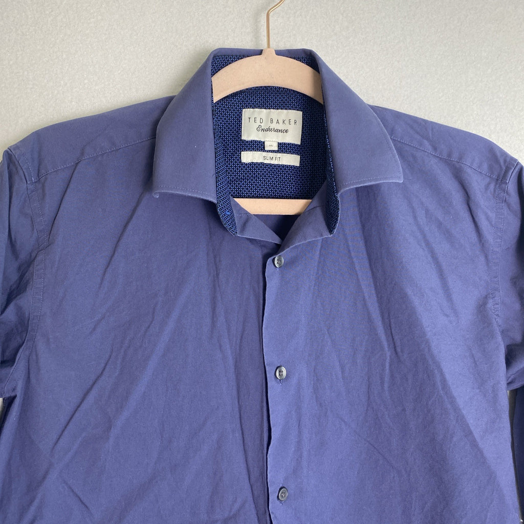 Ted Baker dark blue slim fit cotton dress shirt in size 15 with button-down collar