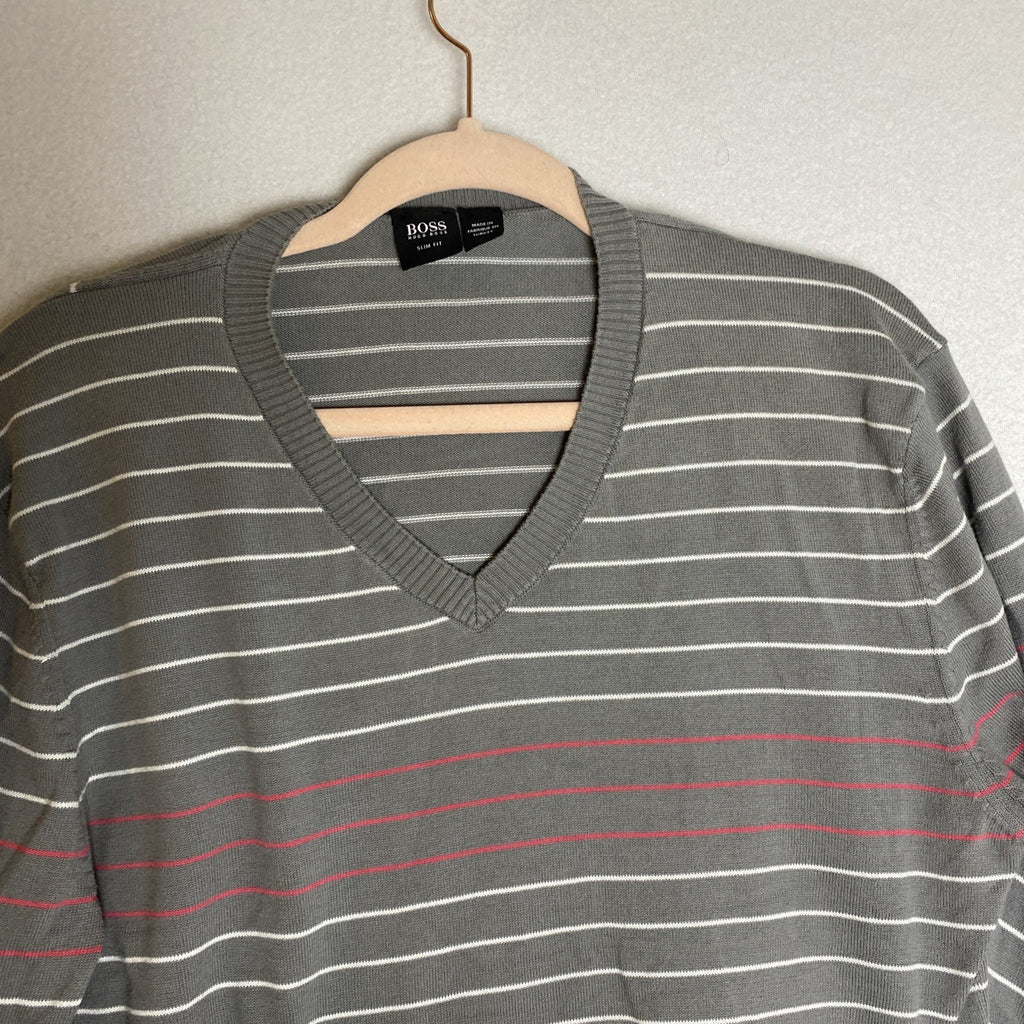 HUGO BOSS men's slim fit striped gray V-neck pullover sweater in size XL