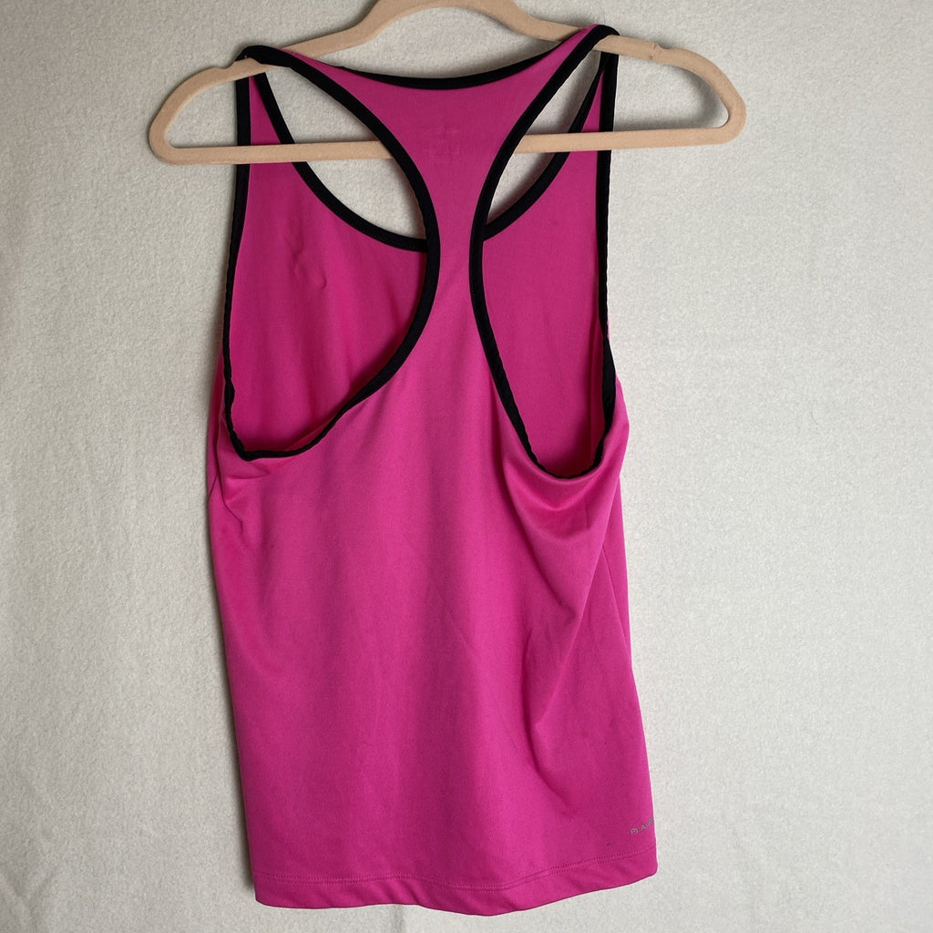 Reebok women's pink and black PlayDry racerback tank top with breast cancer ribbon graphic in size Medium.