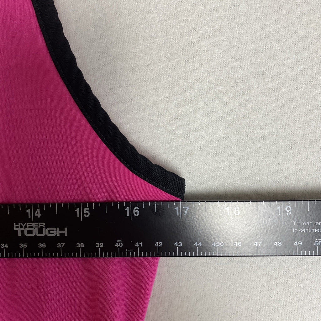 Reebok women's pink and black PlayDry racerback tank top with breast cancer ribbon graphic in size Medium.