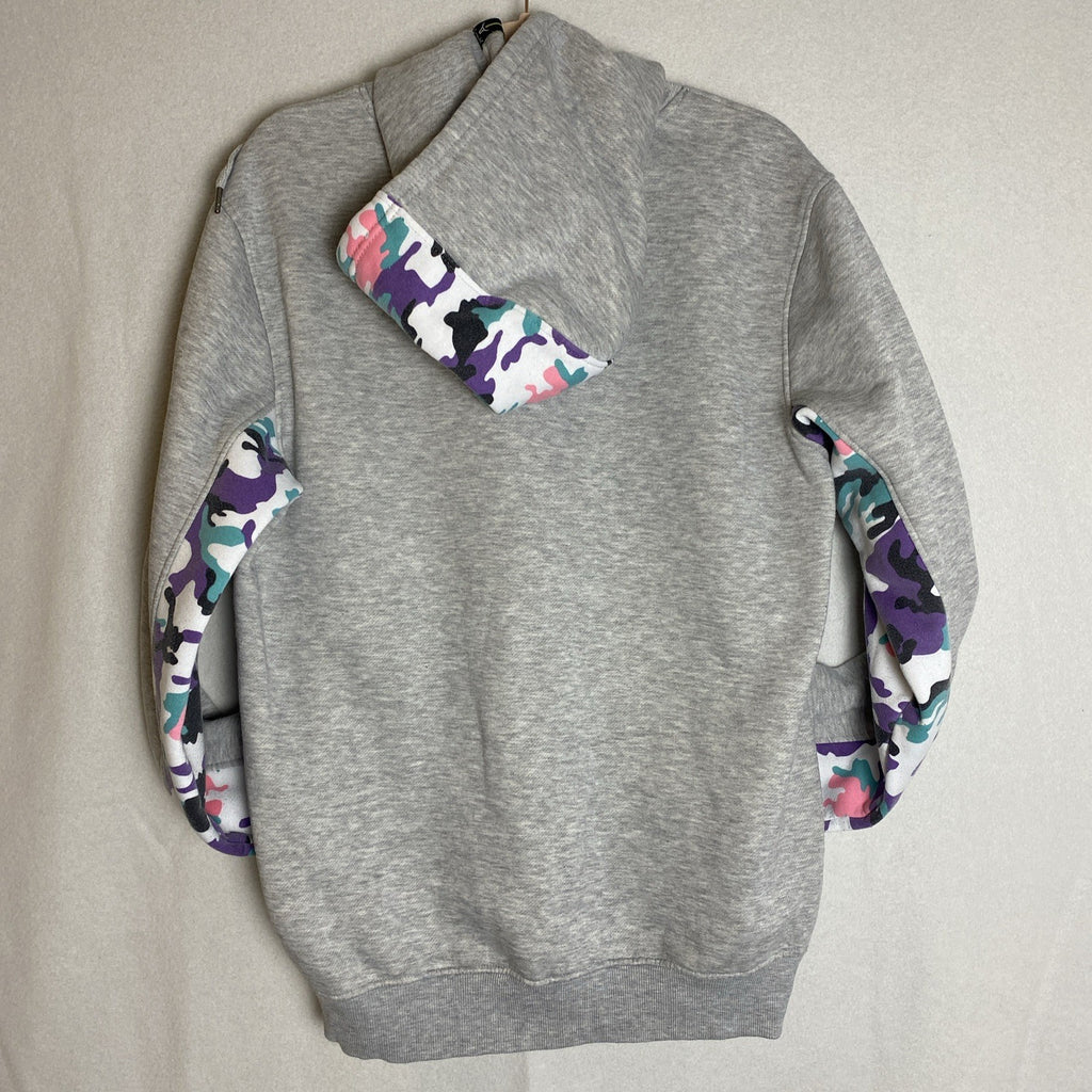 Screenshot Extra Bear men's pullover hoodie in heather gray with embroidered graphic and camo sleeve accents