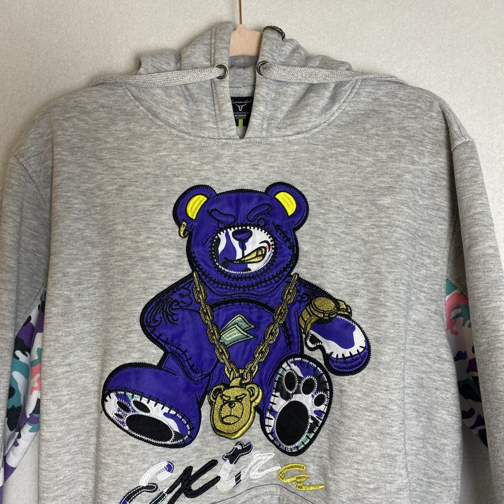 Screenshot Extra Bear men's pullover hoodie in heather gray with embroidered graphic and camo sleeve accents