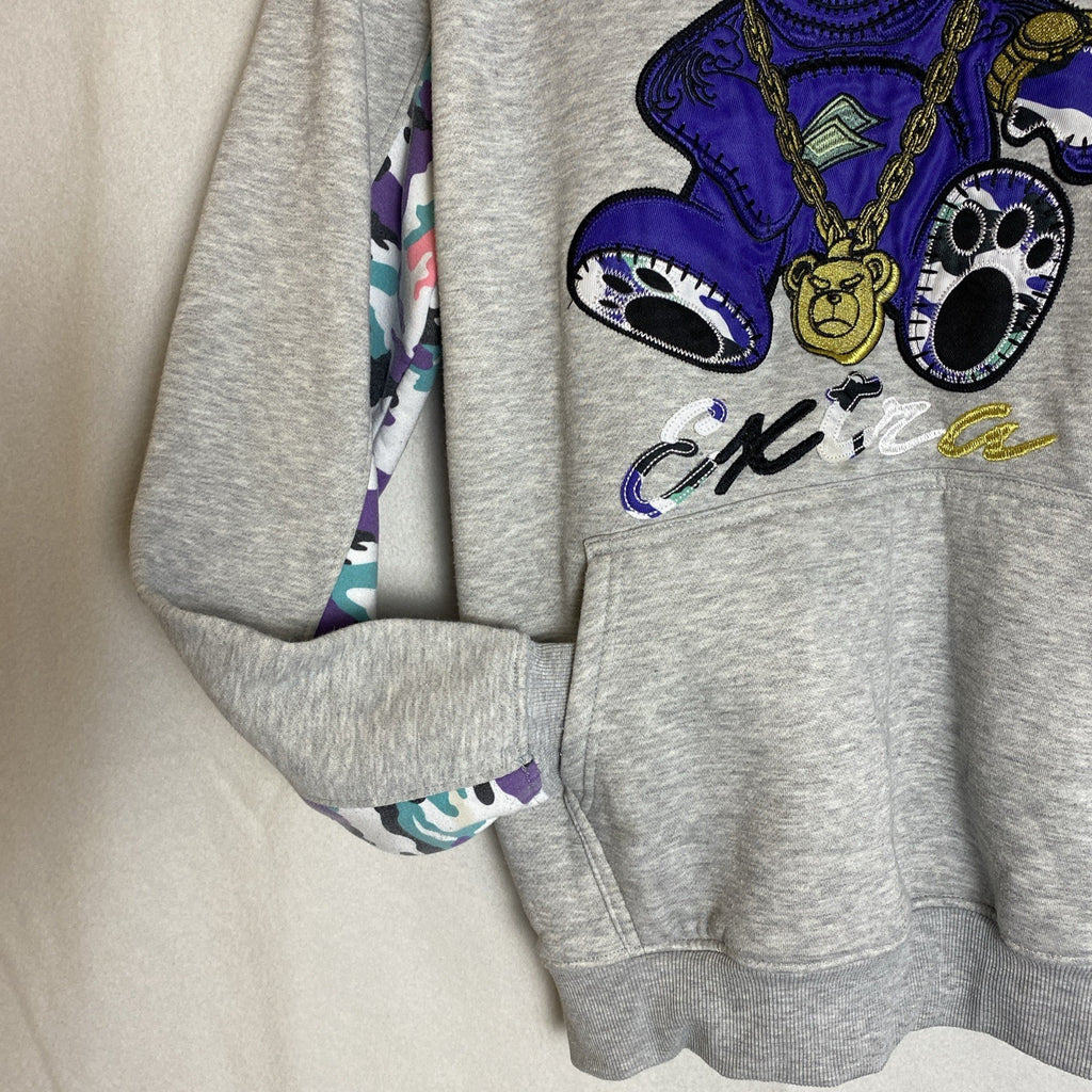 Screenshot Extra Bear men's pullover hoodie in heather gray with embroidered graphic and camo sleeve accents