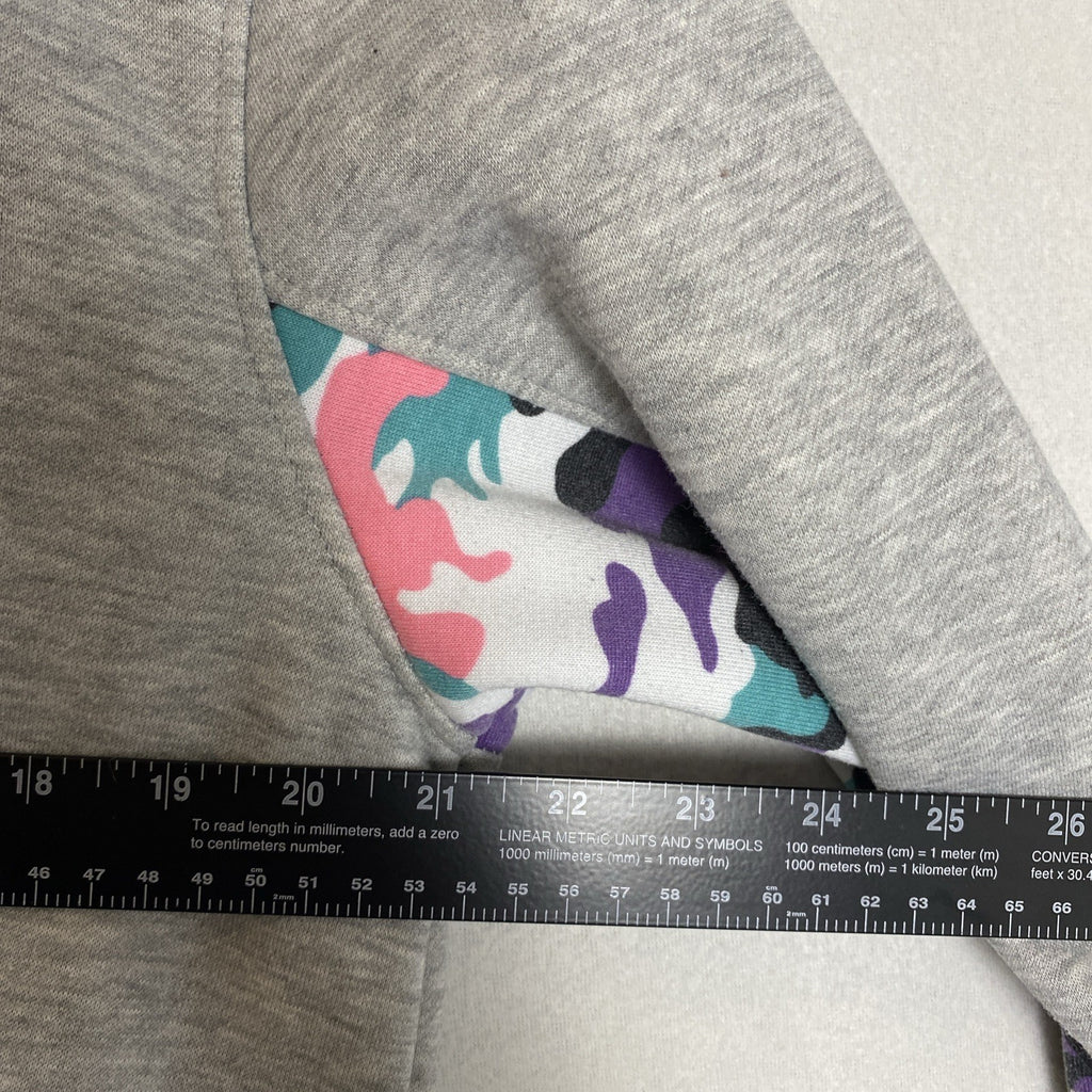 Screenshot Extra Bear men's pullover hoodie in heather gray with embroidered graphic and camo sleeve accents