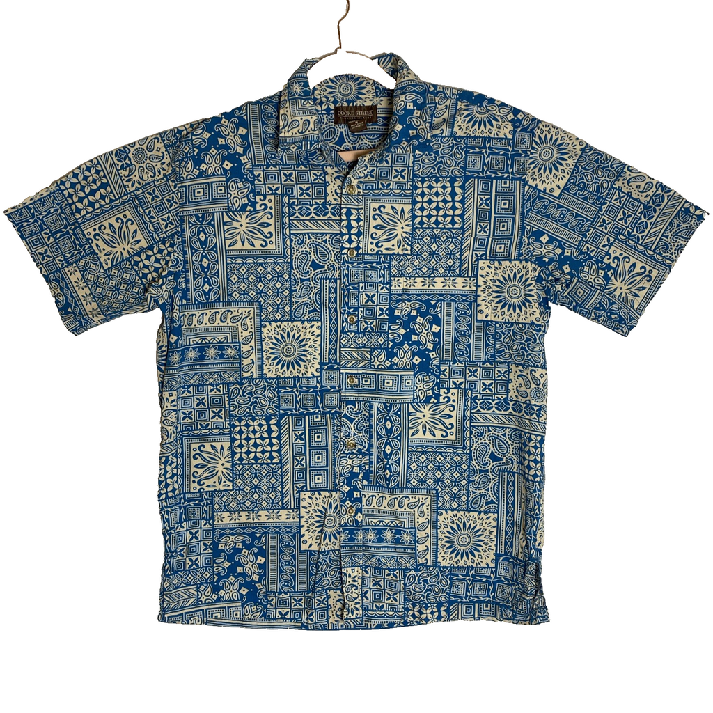 Cooke Street men's size M short-sleeve cotton Hawaiian shirt in blue and cream geometric print