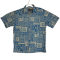 Cooke Street men's size M short-sleeve cotton Hawaiian shirt in blue and cream geometric print