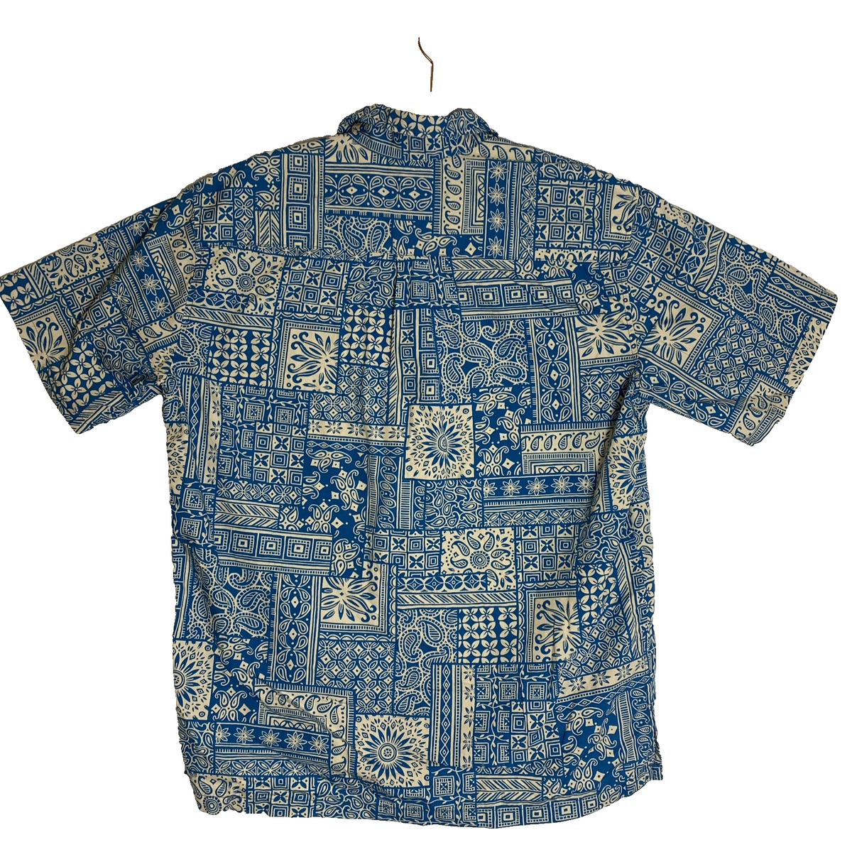 Cooke Street men's size M short-sleeve cotton Hawaiian shirt in blue and cream geometric print