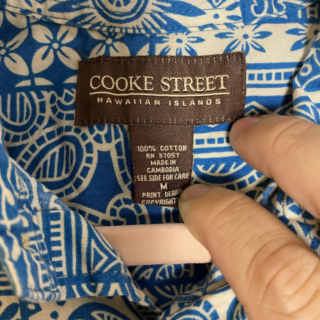 Cooke Street men's size M short-sleeve cotton Hawaiian shirt in blue and cream geometric print