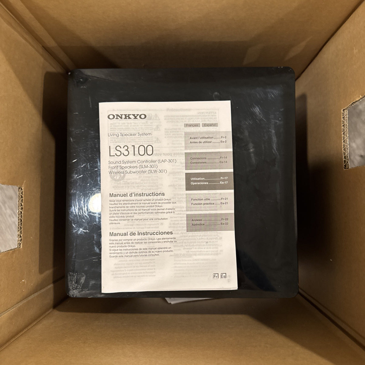Onkyo LS3100 black 2.1 home theater speaker system with wireless subwoofer, satellite speakers, and original box