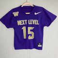 Front and back of purple Nike Dri-FIT Washington Huskies mesh jersey shirt in women's size medium with Keates 15 graphics.