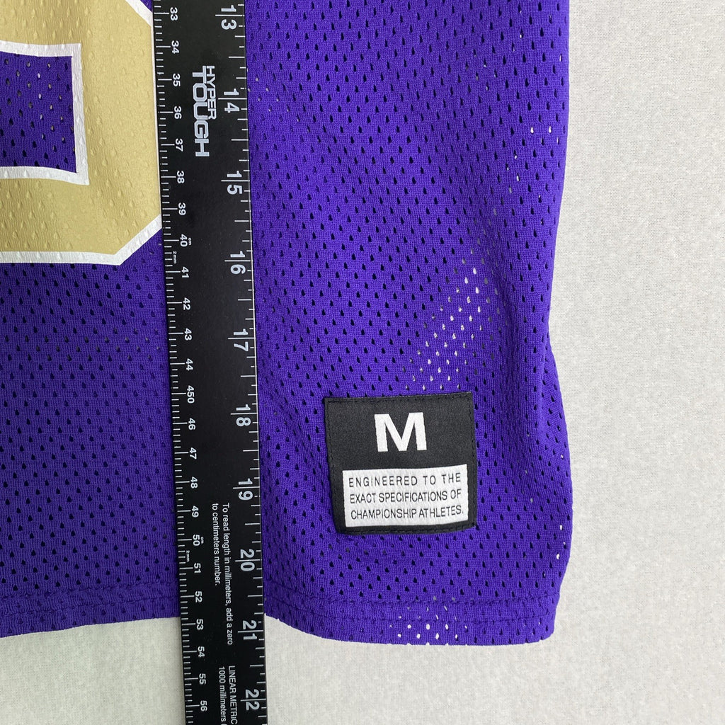 Front and back of purple Nike Dri-FIT Washington Huskies mesh jersey shirt in women's size medium with Keates 15 graphics.