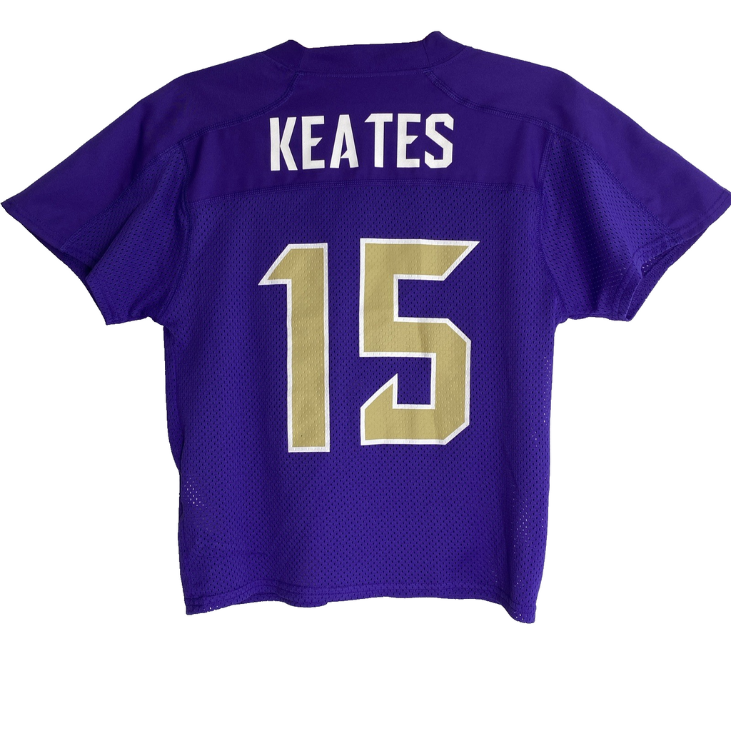 Front and back of purple Nike Dri-FIT Washington Huskies mesh jersey shirt in women's size medium with Keates 15 graphics.