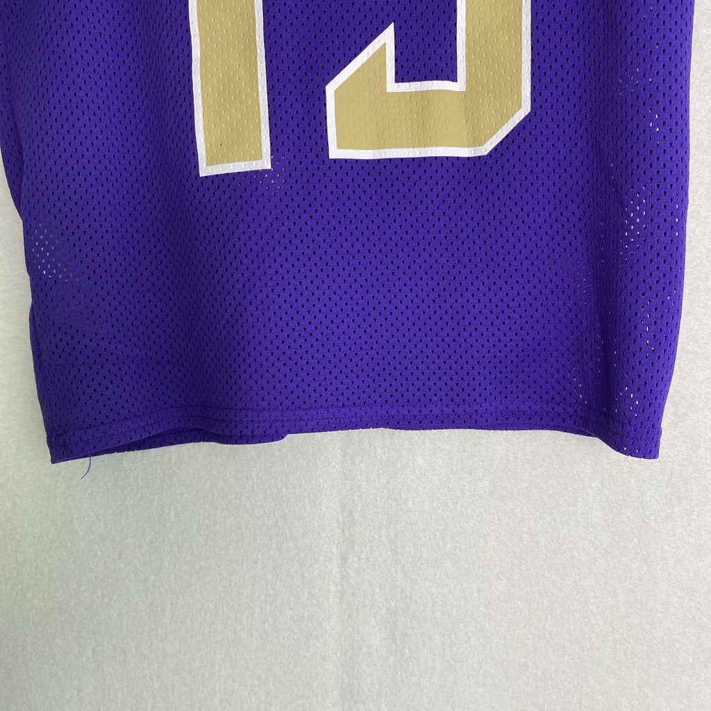 Front and back of purple Nike Dri-FIT Washington Huskies mesh jersey shirt in women's size medium with Keates 15 graphics.